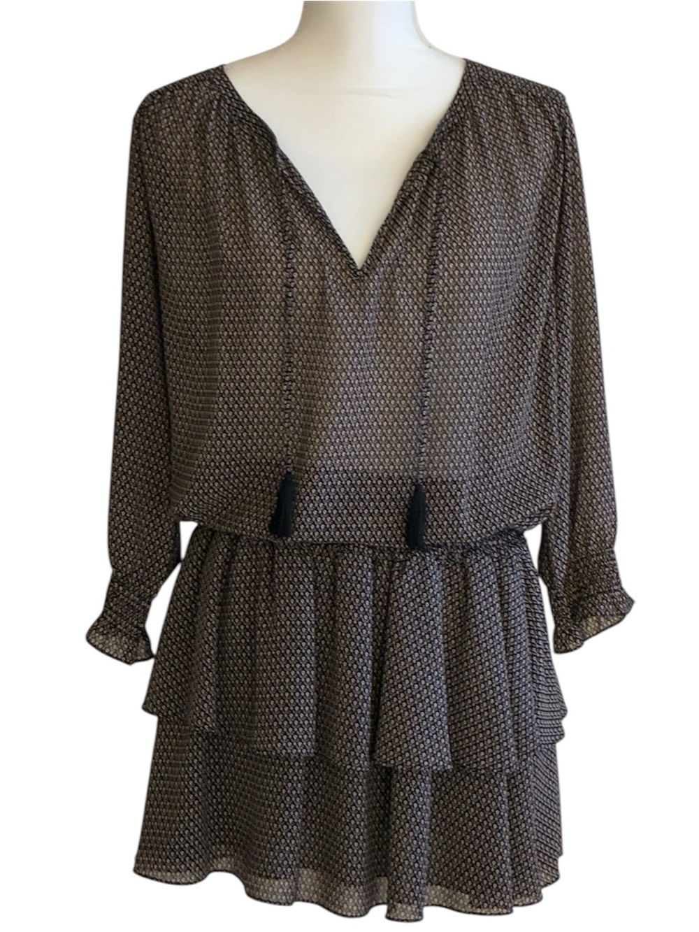Scotch & Soda NWOT Boho Print Gypsy Mini Ruffle Cinched Dress Front Tie Tassel 2